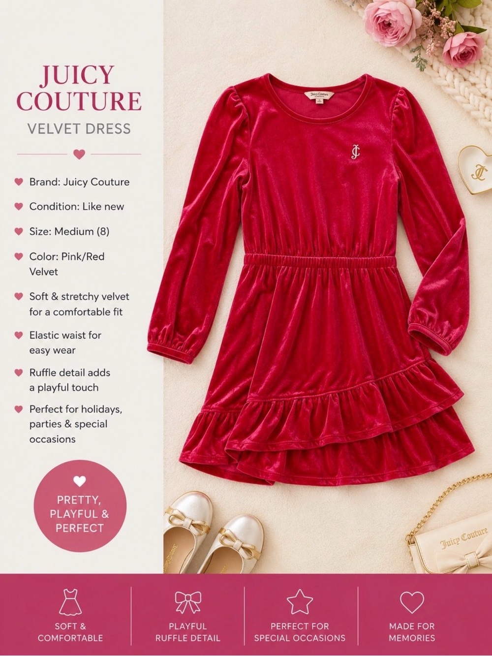 Juicy Couture Girls Velvet Ruffle Dress in Deep Pink